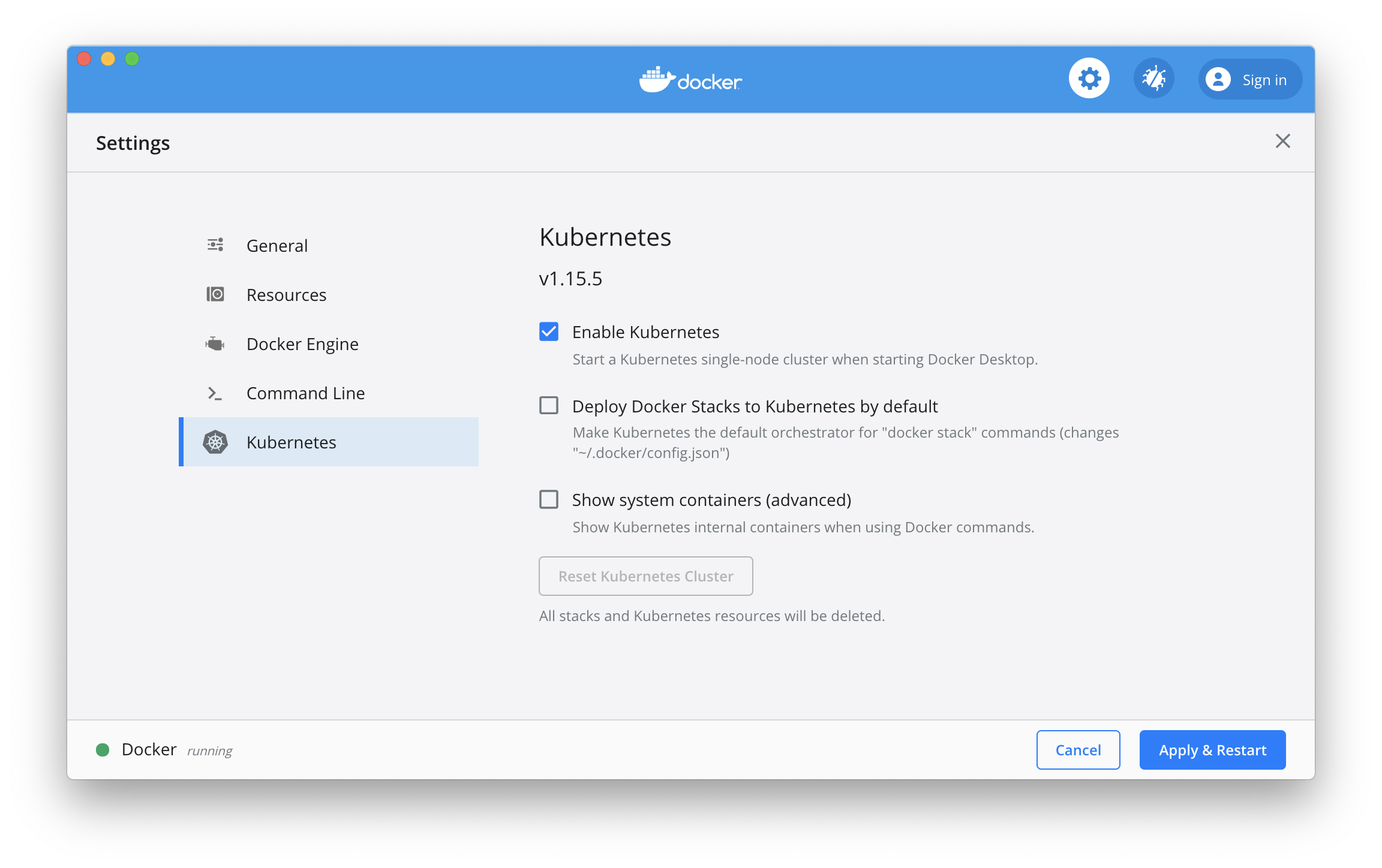 Kubernetes Docker MacOS/X Enable