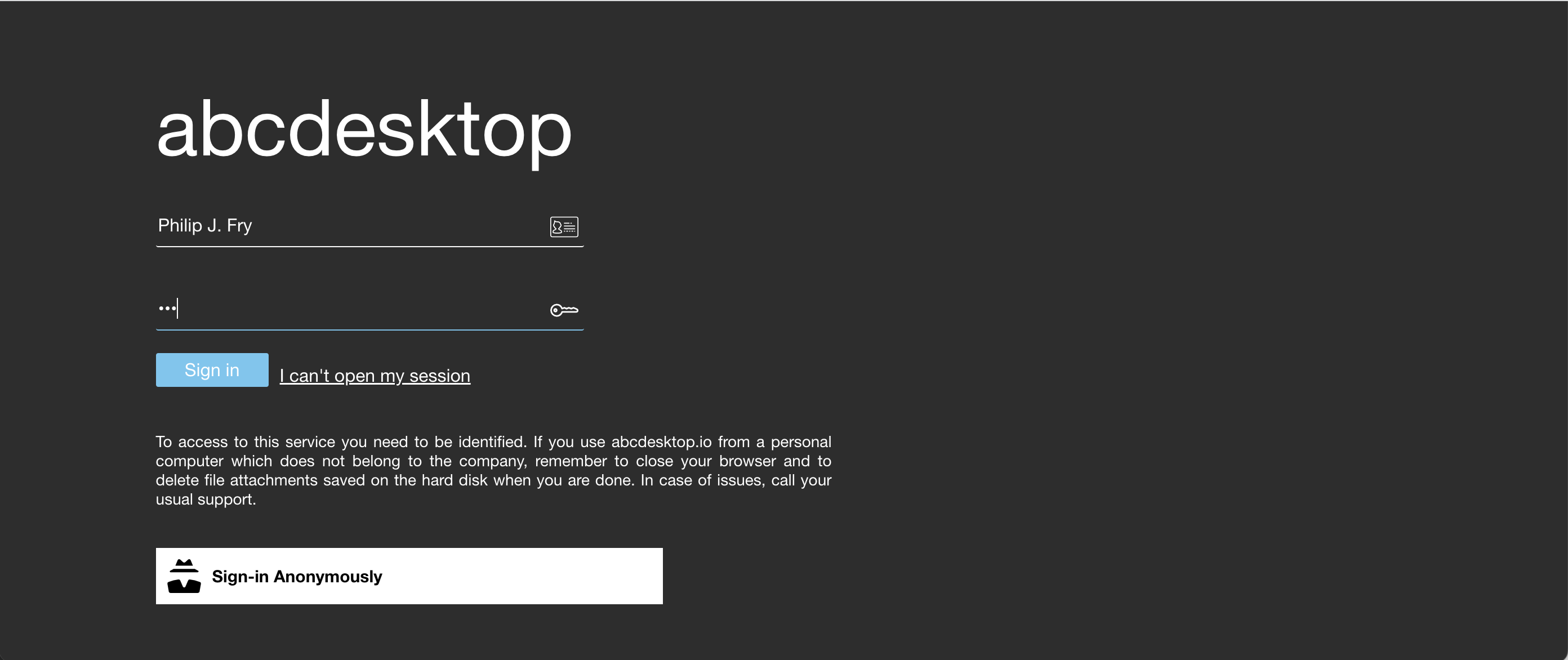 Login to your abcdesktop service as fry