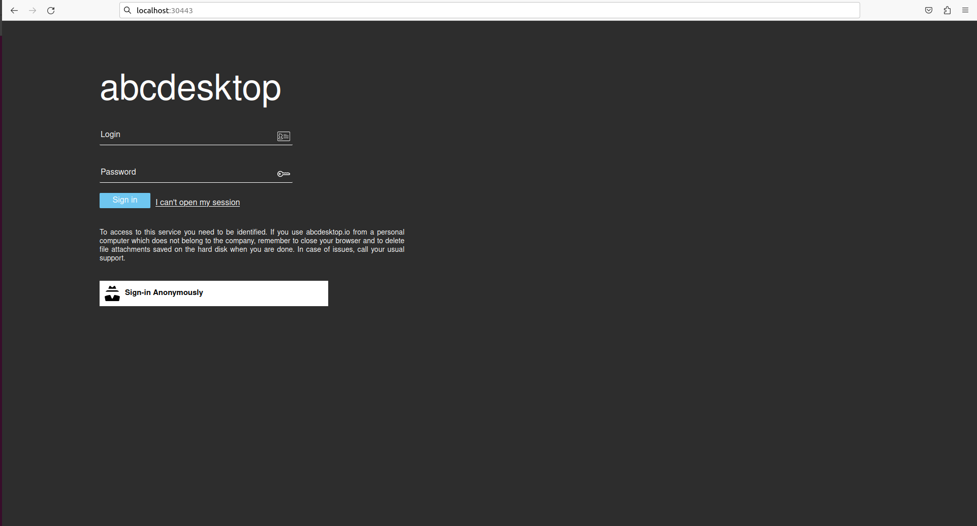 abcdesktop Anonymous login