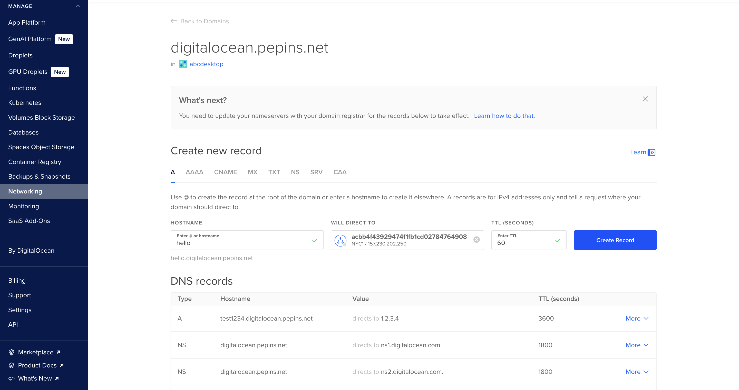digital ocean console domain overview