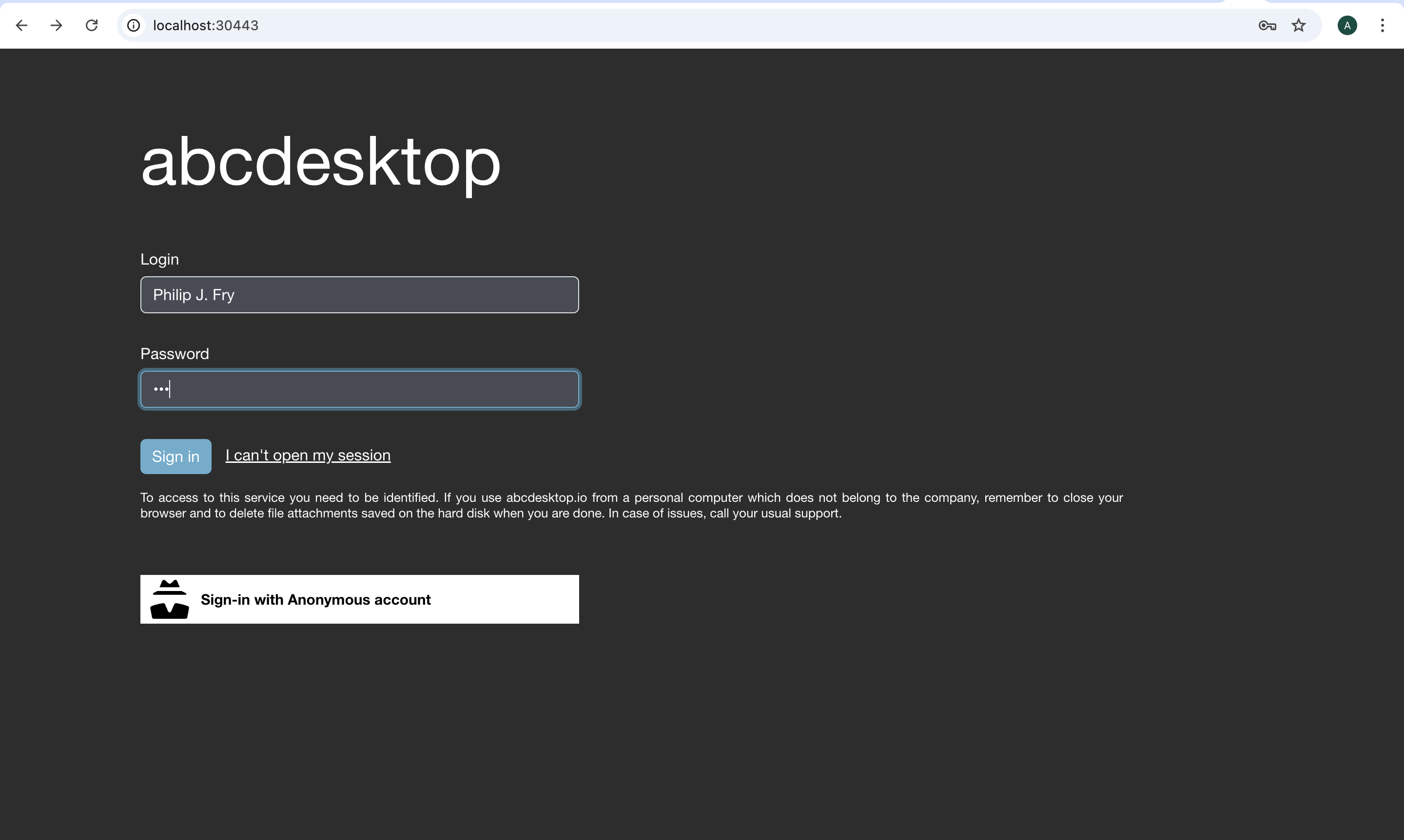 abcdesktop login as fry