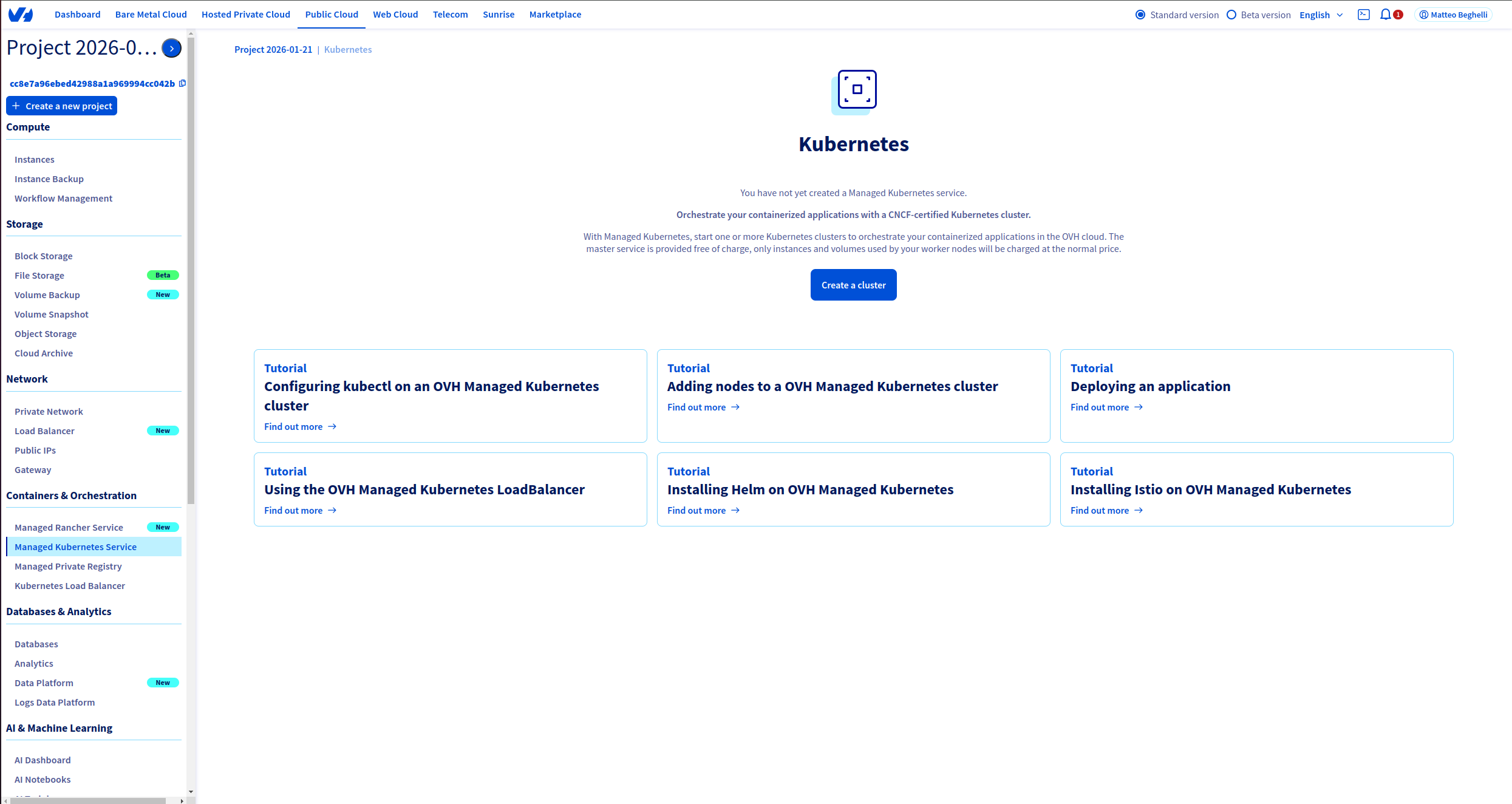 ovh console kubernetes create cluster