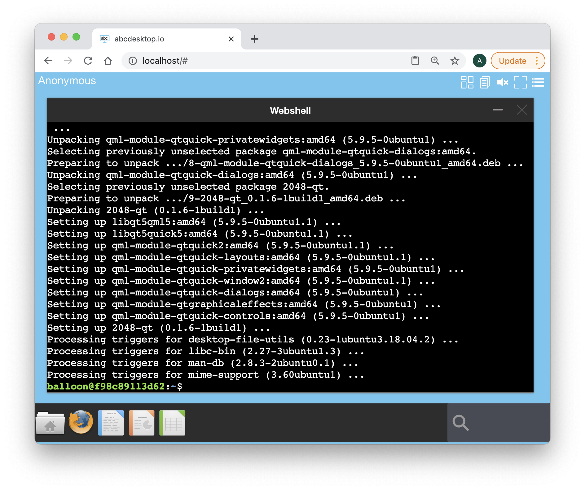 abcdesktop.io terminal web shell apt-get install 2048-qt running