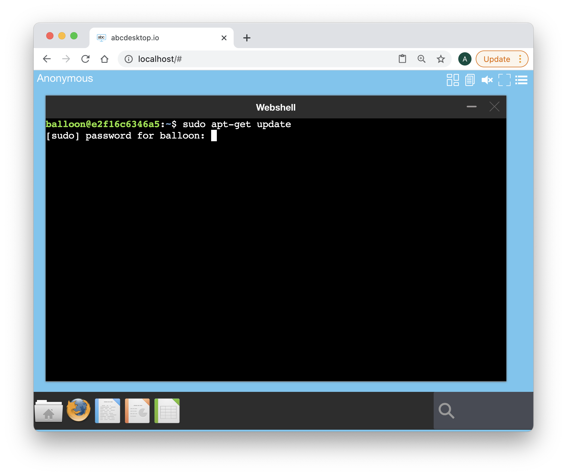 abcdesktop.io terminal web shell apt-get update