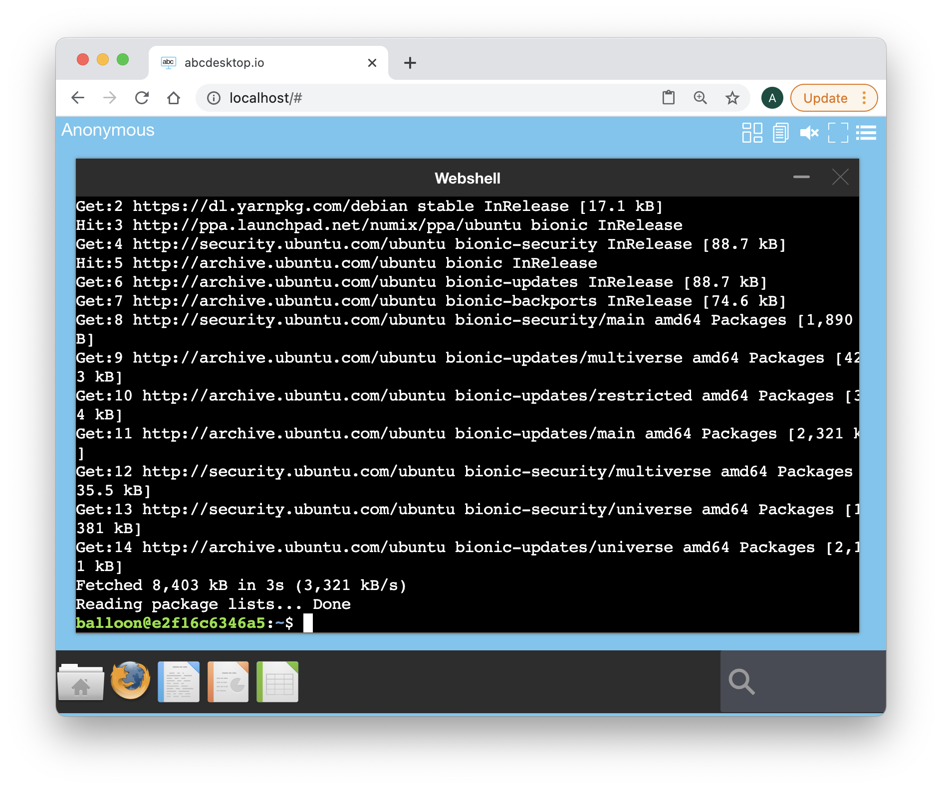 abcdesktop.io terminal web shell apt-get update done