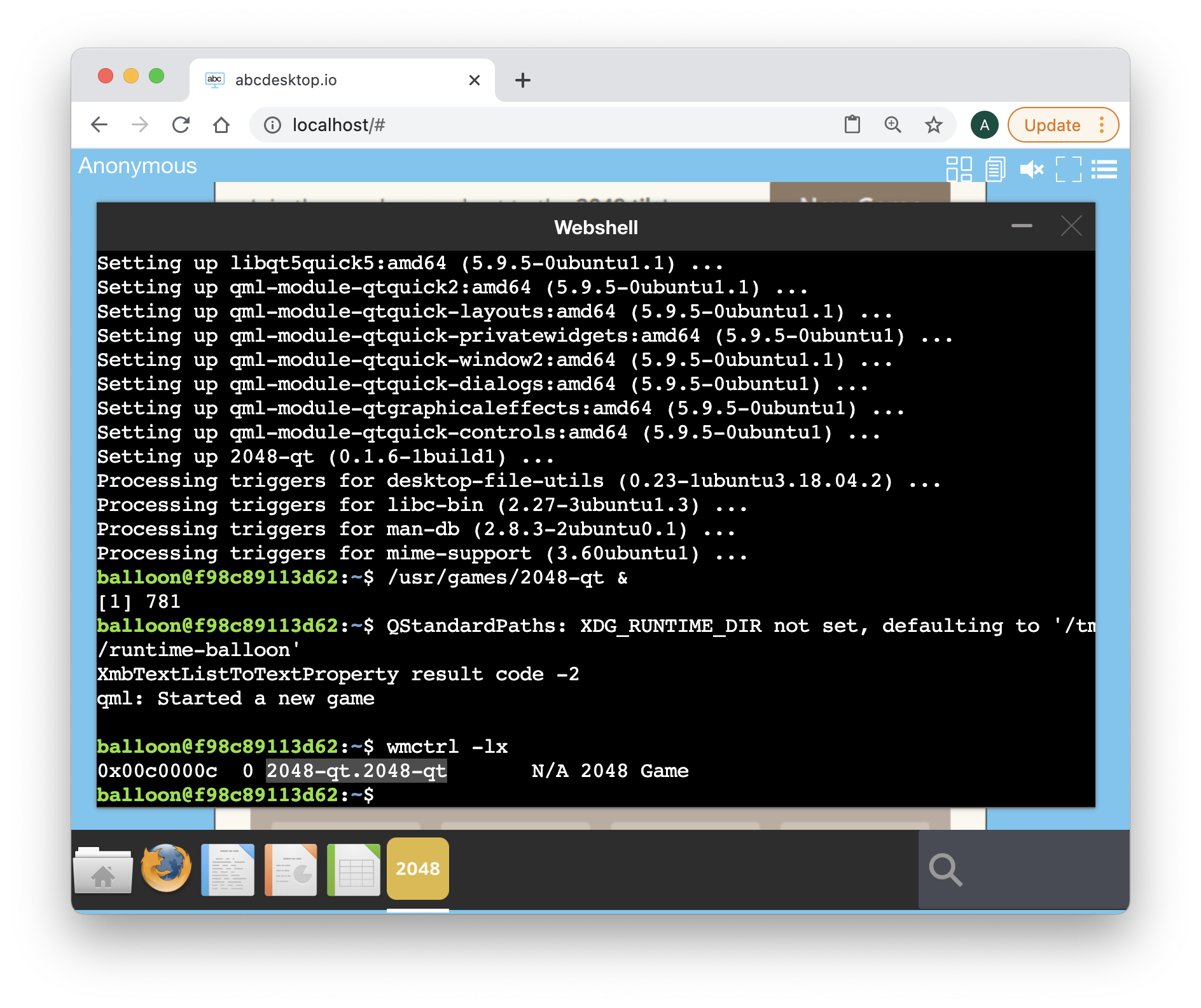 abcdesktop.io terminal web shell wmctrl -lx