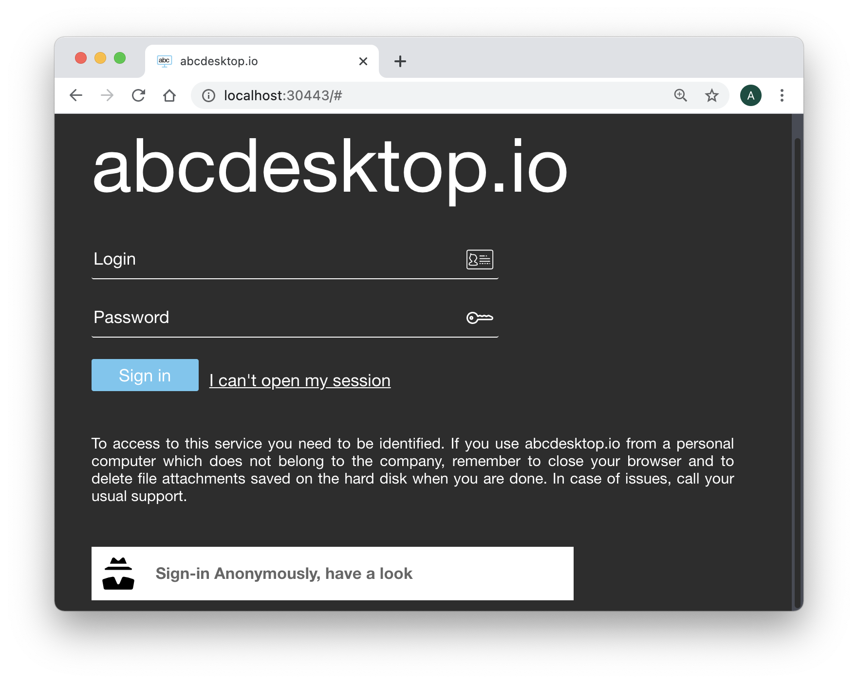 abcdesktop Anonymous login